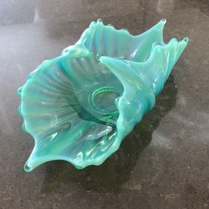 Vintage Fostoria Heirloom Blue green Glass basket Console Dish opalescent mcm